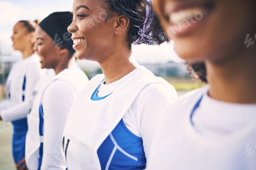 Preview: Sports, netball and line of women with smile ready for training, exercise and fitness workout on co