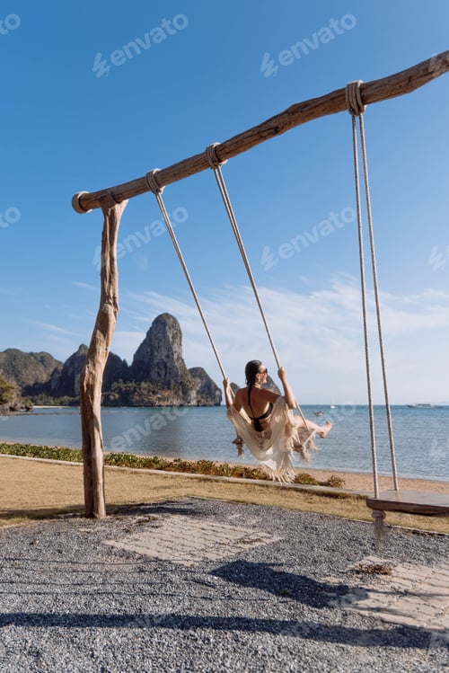 Preview: Swing over the beach with mountains in the background and clear sky