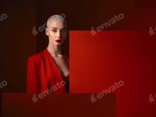 Preview: Portrait, fashion and serious woman in red suit in studio isolated on a background mockup space. Fa
