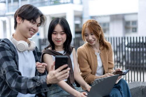 Preview: Three young people are sitting on a bench, one of them holding a cell phone