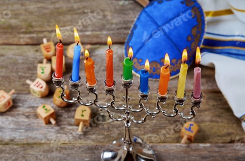 Preview: Jewish holiday hannukah symbols - menorah, doughnuts, chockolate coins and wooden dreidels