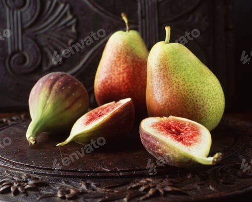 Preview: Ripe pears and figs on wooden chopping board