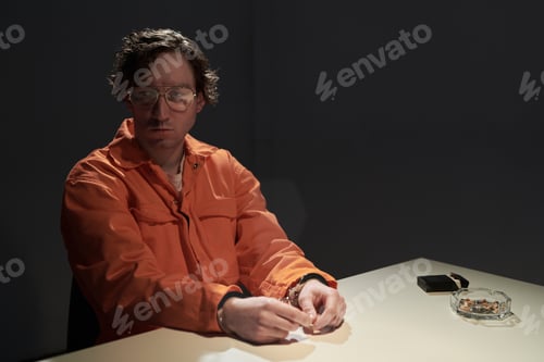 Preview: Man Wearing Orange Jumpsuit Sitting at Table