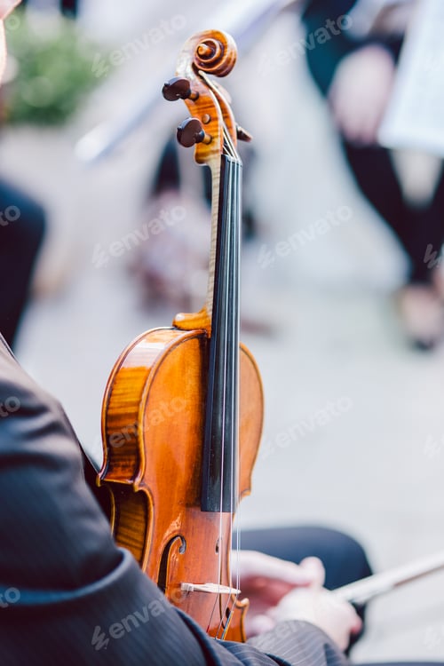 Preview: Violinist holding his wooden violin in the pause of a rehearsal of a classical music concert.