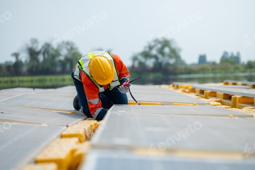 Preview: Engineer Inspecting Solar Panels at Power Plant