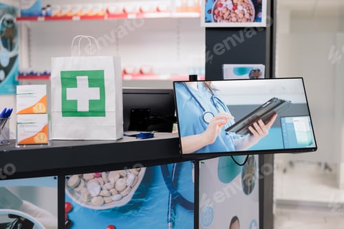 Preview: Empty drugstore counter desk equipped with supplements products and display