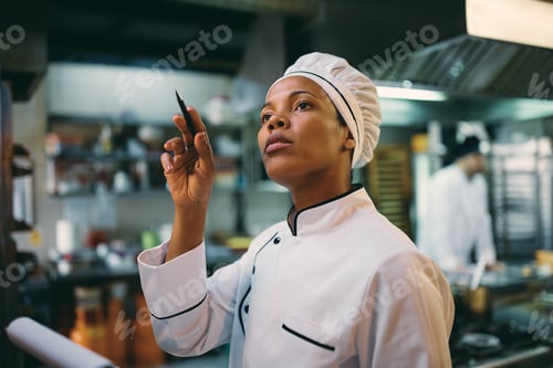 Preview: Black female chef examining stock of groceries at restaurant kitchen.
