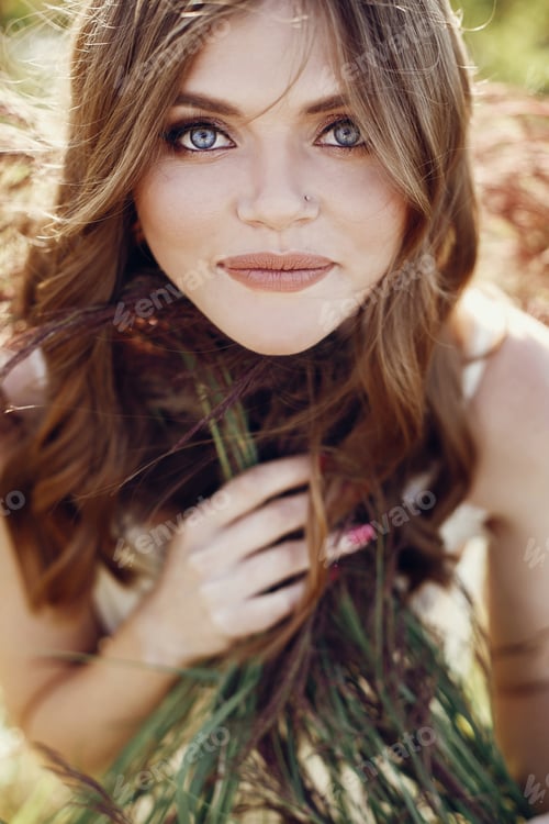 Preview: Beautiful boho girl portrait with amazing eyes and lips