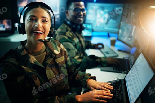 Preview: Military control room, laptop and portrait of woman in headset, smile and tech communication. Secur