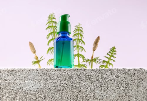 Preview: bottle for cosmetics on a stone table and green horsetail twigs