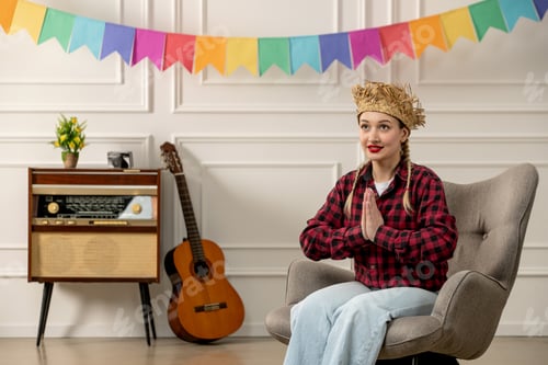 Preview: festa junina cute girl in straw hat brazilian midsummer with retro radio guitar praying