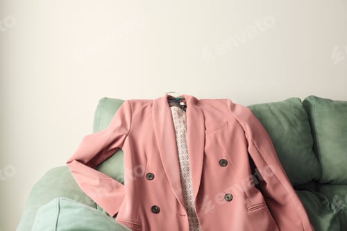Preview: Rose pink jacket costume on a green sofa.