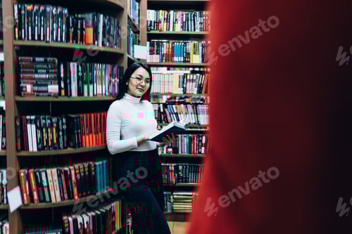 Preview: Asian female spending time in library with books
