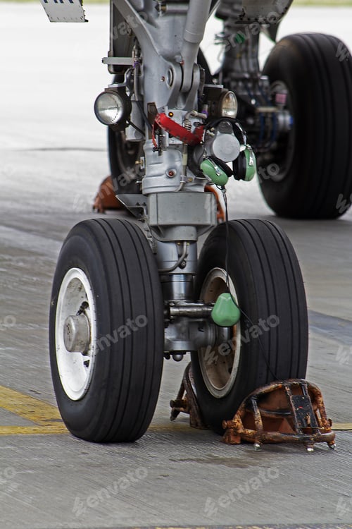 Preview: Aircraft landing gear and iron support shoes. Wheels tires tires. Parking plane handling.
