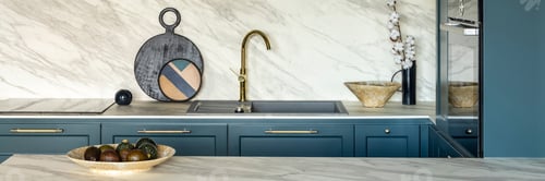 Preview: Luxury modern and vintage turquoise and white kitchen. Marble kitchen island