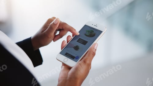 Preview: Business person, hands and phone screen for social media, app and browsing or chatting. Receptionis
