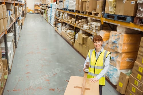 Preview: Female warehouse worker applying packing tape onto box in warehouse aisle with shelving, copy space