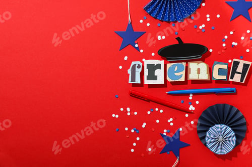 Preview: The word French on a red background, top view.