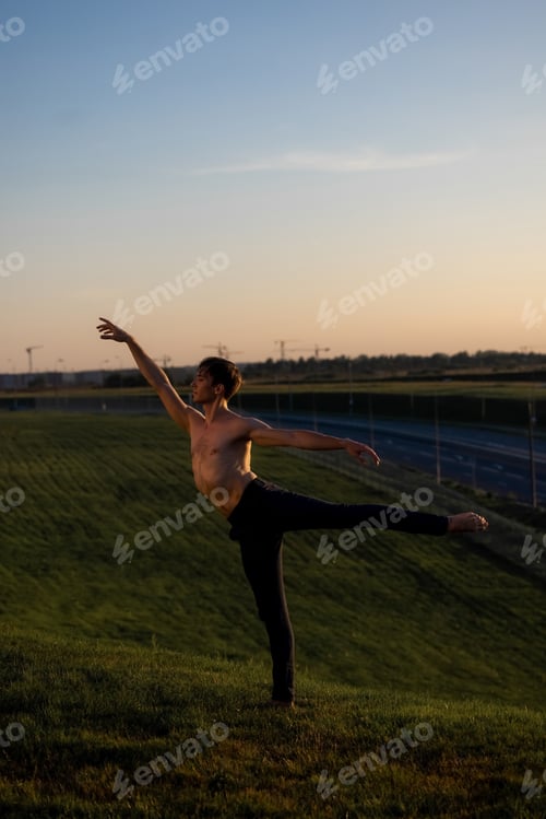 Preview: Summer activity and energy. Ballet dancer. Handsome man workout and stretching.