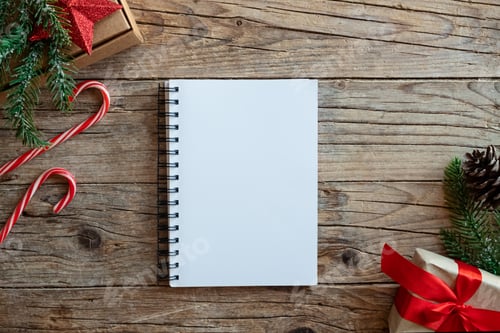 Preview: Christmas notes mockup wooden background with empty notebook