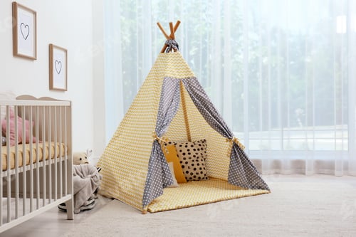 Preview: Cozy baby room interior with play tent and toys