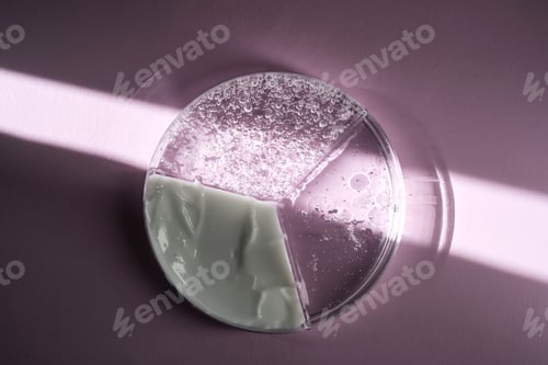 Preview: Cosmetic products in a petri dish on a purple background with a beautiful ray of light.