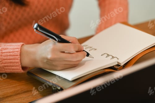 Preview: Close up view young woman in warm sweater making notes to her diary.
