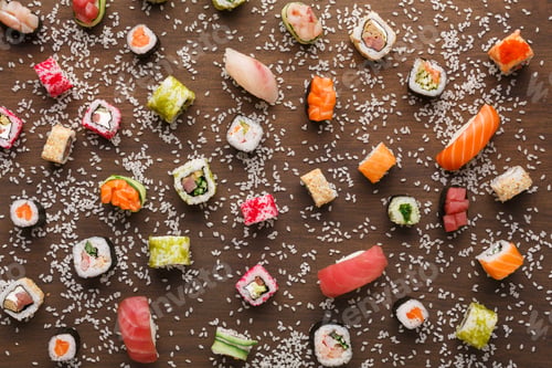 Preview: Set of sushi, maki and rolls with sesame on wooden rustic background, top view