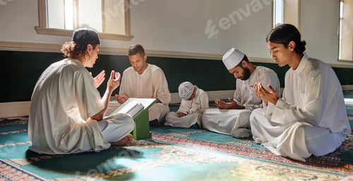 Preview: Muslim, child or men prayer to worship Allah in holy temple or mosque with gratitude as a family on