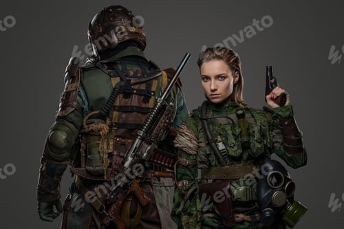 Preview: Female soldier with her camaraderie against gray background