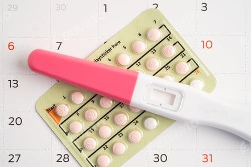 Preview: Pregnancy test and birth control pills, contraception health and medicine.