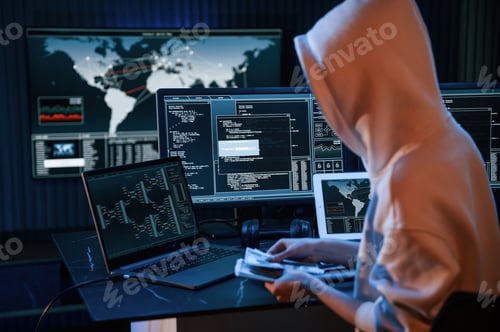 Preview: Young professional female hacker is indoors by computer with lot of information on displays