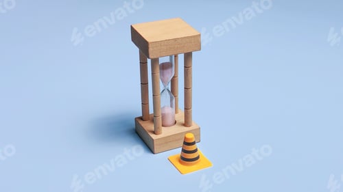Preview: Hourglass with Traffic Cone Symbolizing Project Delays and Time Management Restrictions