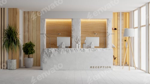 Preview: A stylish modern hotel reception interior featuring a white stone counter, wooden wall accents