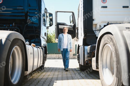 Preview: Happy confident male driver standing in front on his truck