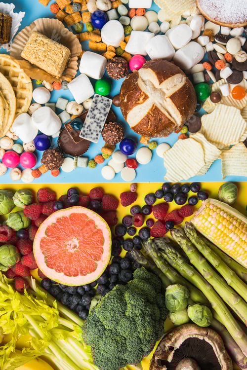 Preview: Healthy and unhealthy food background from fruits and vegetables vs fast food, sweets