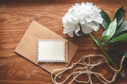 Preview: Vintage composition with envelopes on wooden background, flat lay.