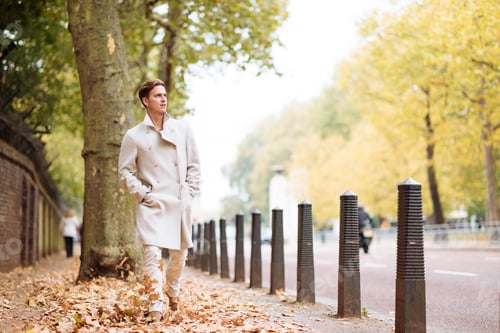 Preview: Stylish young man strolling through autumn leaves in city park