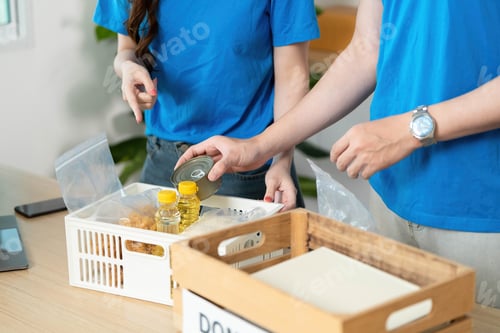 Preview: Donation and Community Support. Volunteers organizing food donations in a community center.
