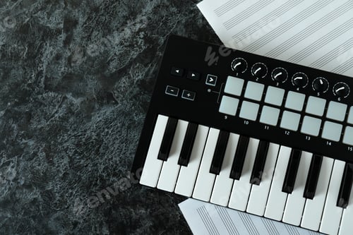 Preview: Midi keyboard and music sheets on black smokey table