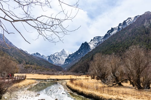 Preview: Hiker hiking in the scenic and breathtaking Yading nature reserve, located in Garze Tibetan