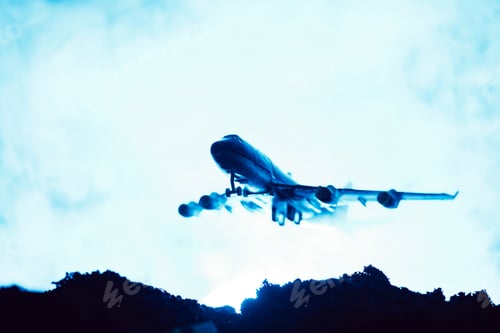 Preview: Battle scene with toy plane with smoke on blue background