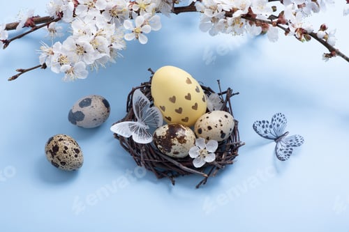 Preview: Easter eegs in the nest with blossom twigs and butterfly on blue background