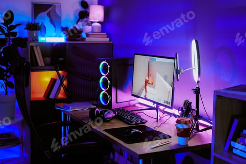 Preview: Modern Gaming Setup with Streaming Equipment in Teenager Bedroom at Night