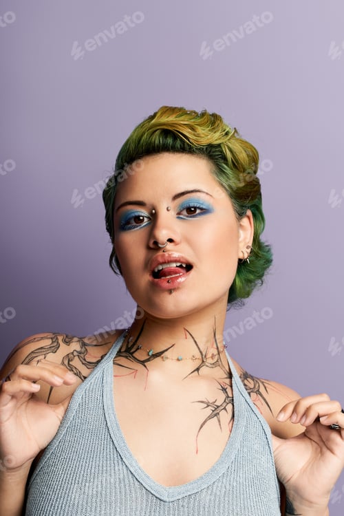 Preview: Vibrant young woman showcasing bold fashion and unique style in a modern setting