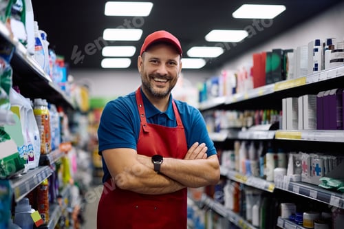 Preview: Happy supermarket worker standing with arms crossed and looking at camera.