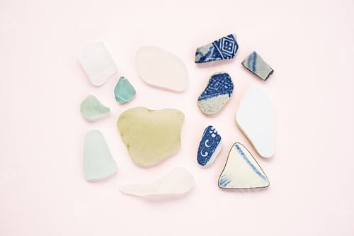Preview: Sea glass arrangement. Ocean glass pieces display.