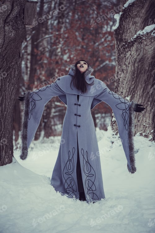 Preview: Fairytale Of Young Woman Dressed In Long Sleeved Coat At Winter With Snow Outdoors