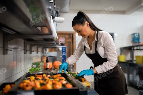 Preview: Professional chef working on her dishes indoors in restaurant kitchen