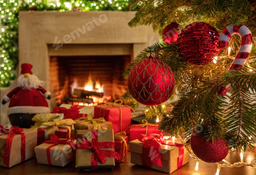 Preview: Xmas tree branch with red balls, gift boxes, blur burning fireplace background.